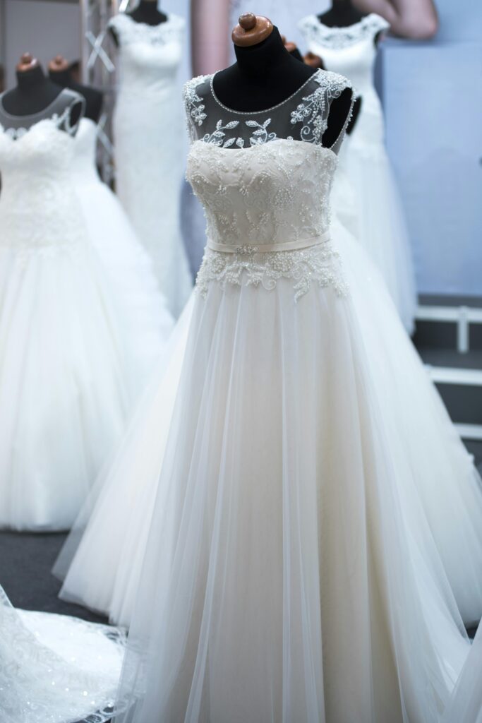 Showcasing elegant wedding dresses on mannequins, perfect for bridal fashion shows.